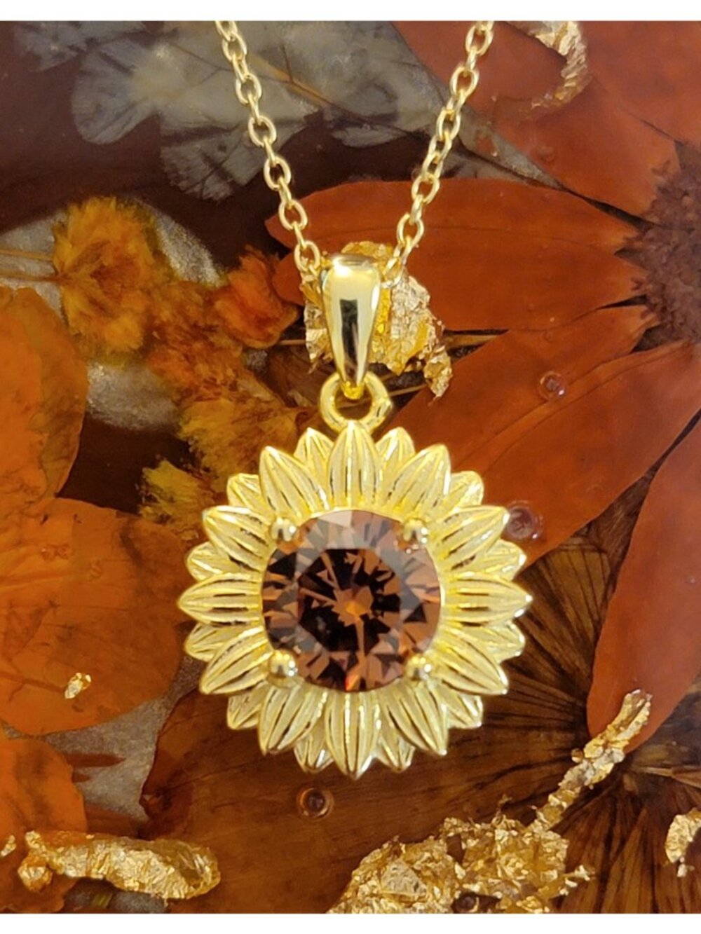 925 Sterling Silver Created Smoky Quartz Sunflower Necklace Gold Plated NWT
